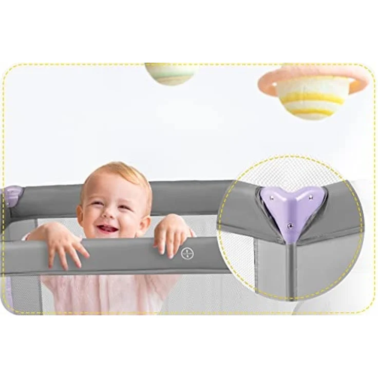 Ricokids Reisebett Baby Mit Matratze 125 x 65 x 78 cm Kinderreisebett Babybett Bis 15 kg 2 Räder Mit Bremsen Abnehmbarer Seiteneingang Transporttasche Faltbar Kompakt Hellgrau Lavendel – Bild 4