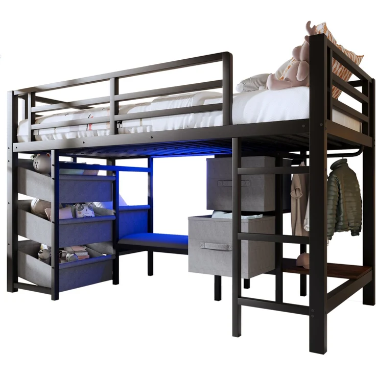 Kinderbett Halbhohes Bett 90x200 cm aus Metall mit LED-Beleuchtung, Sitzkissen, Stauraumschublade und Aufhängebereich – Bild 7