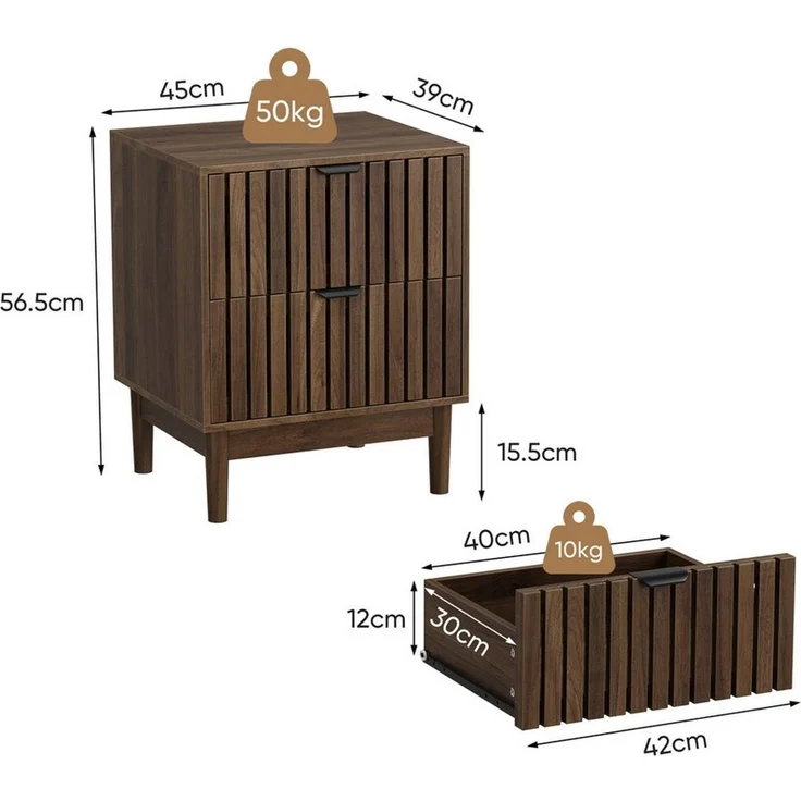 Celya Nachttisch 45 x 39 x 56.5 cm, Lattenrost-Design aus Holz mit zwei Schubladen (1er-set, Schlafzimmer Nachttisch für Schlafzimmer, Flur, Wohnzimmer) – Bild 2