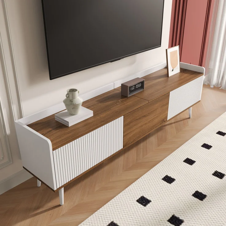 Stilvoller TV-Schrank mit 3 Türen – 160 cm, Weiß und Naturholz, stabil und geräumig, 160x39x49.5cm – Bild 5