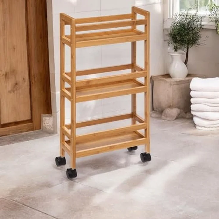 Well Home - Beistellwagen aus Bambus mit Rädern, 36 x 15 x 74,5 cm, 3 Ebenen, ideal für Küche, Bad und Büro, platzsparend – Bild 5