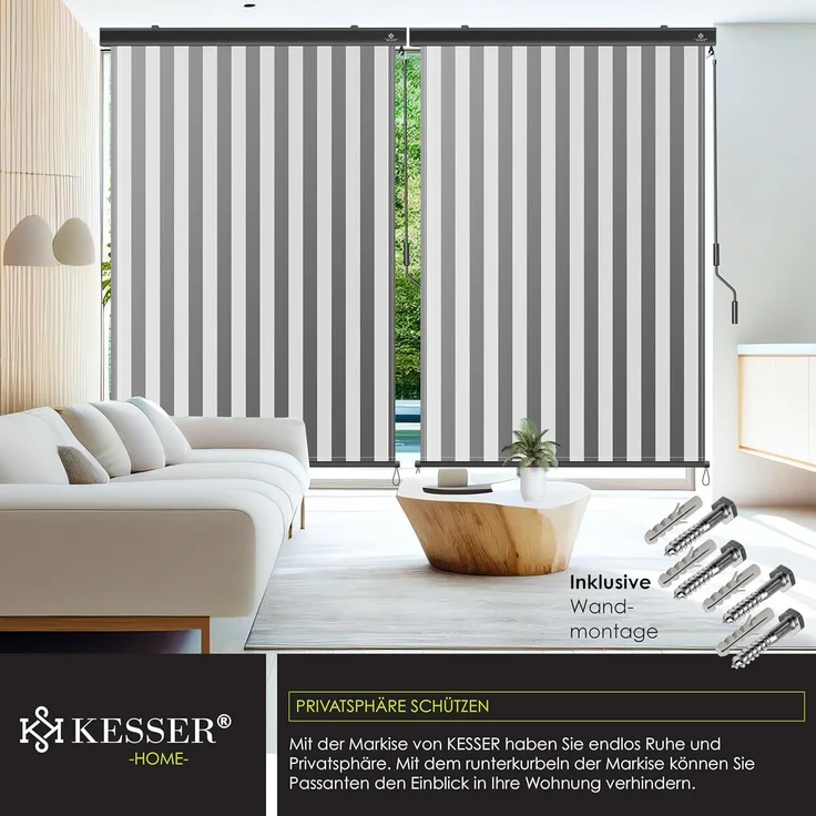 KESSER® Senkrechtmarkise Außenrollo Handkurbelmechanismus Balkonrollo Sonnen & Sichtschutz Beschattung Sonnenschutz Außen Rollo mit Kurbel Markisenkasten Balkon & Terrasse Inkl. Montageset & Abdeckung Grau / Weiß, 140 x 250cm – Bild 5
