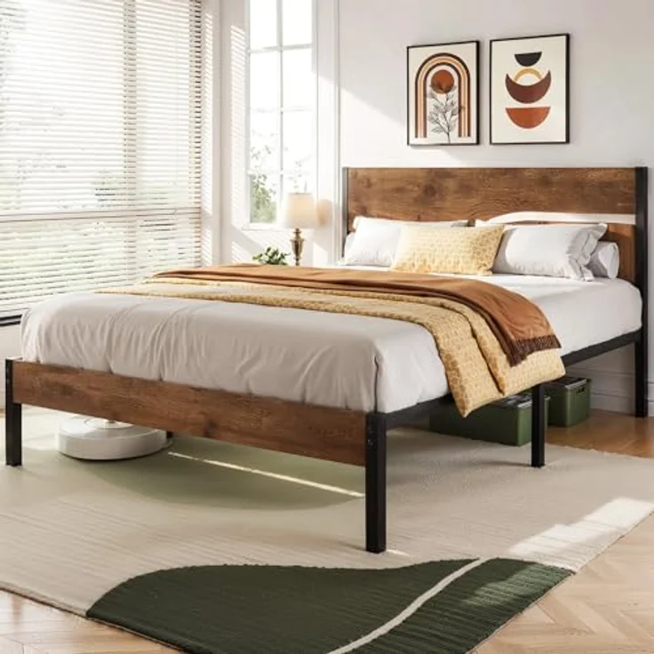 VECELO Bettgestell 140x200 cm Bettrahmen mit Lattenrost, Doppelbett Metallbett mit Dick Holzkopfteil, Modern Gästebett Jugendbett, Perfekt für Erwachsene und Jugendliche, Braun – Bild 4