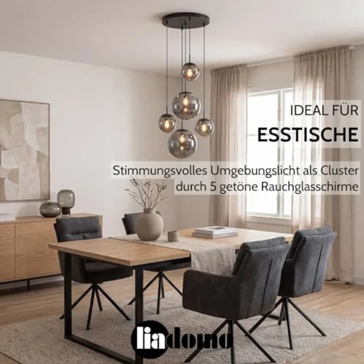 Liadomo Pendelleuchte Vetro, Leuchtmittel inklusive, Warmweiß, 5-flammig, Cluster, Rauchglasschirme, E27, für hohe Decken geeignet – Bild 3