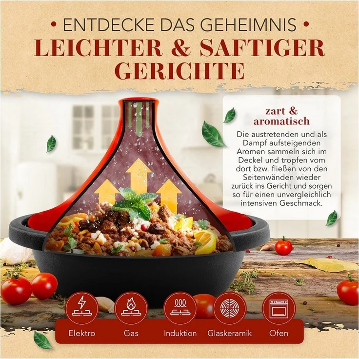Krustenzauber Dampfgartopf Tajine Topf 2-4 Personen - Hochwertige 27cm Gusseisen Tajine, (Tajine Induktion und Ofengeeignet, Tajine-Topf, marokkanische Tajin, Tachine, Tagine, Tahini, Tajines, Tahin) – Bild 2