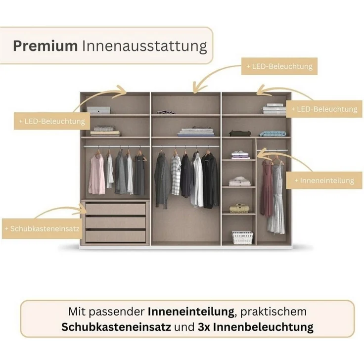 rauch Kleiderschrank Schrank Garderobe SKAT SHINE Breiten 151/201/251/301cm, Höhe 223/235cm (3 verschiedene Ausstattungen BASIC/CLASSIC/PREMIUM (inkl. SOFT-CLOSE) edle Schrankfront mit hochwertigen Glasrahmentüren MADE IN GERMANY – Bild 4