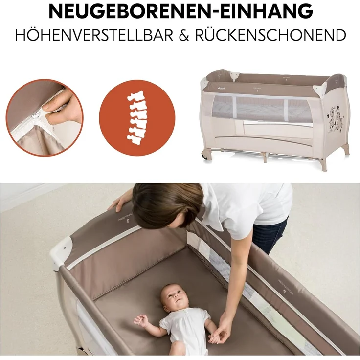 Hauck Baby-Reisebett Babycenter Zoo, 8-tlg, mit Neugeborenen-Einsatz, Wickelauflage, Spielbogen & Spieluhr, Rollen – Bild 3