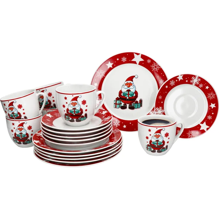 18tlg Kaffeeservice Weihnachtsmann Porzellan 6 Pers. Tassen Untertassen Teller