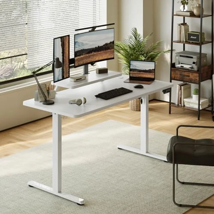 Sweetcrispy Höhenverstellbarer Schreibtisch mit Monitorständer, 160x60 cm Schreibtisch Höhenverstellbar Elektrisch, Ergonomischer Steh-Sitz Tisch, Computertisch Standing Desk, Weiß – Bild 3