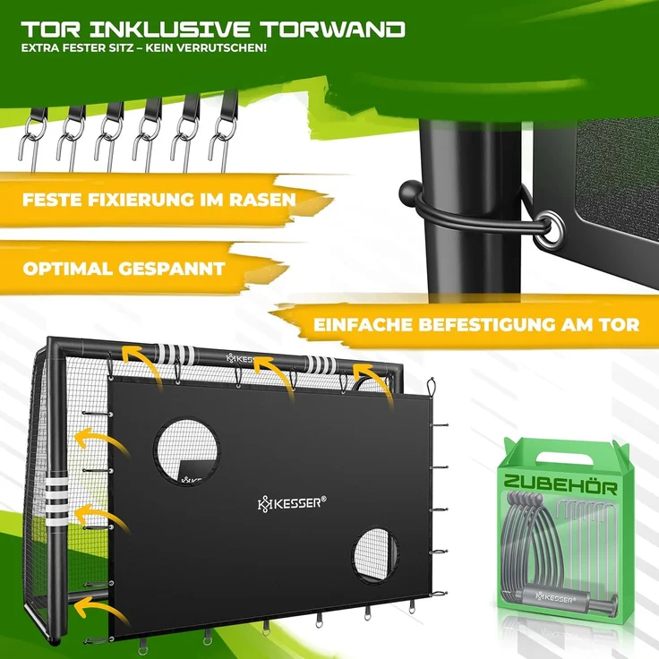 KESSER® Fußballtor für Garten robustes Outdoor Training Schusstraining UV-beständigem Netz, Stahlrahmen mit Polsterung, Erdhaken, Luftpumpe, Hüttchen, Montagezubehör für Kinder und Erwachsene Schwarz, 300cm, mit Torwand – Bild 2
