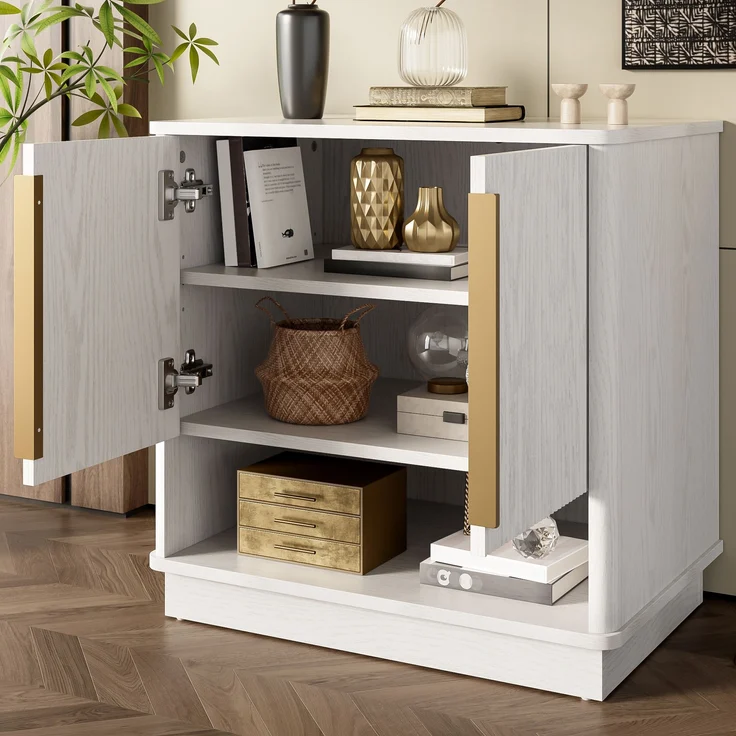 Schuhschrank weiß Holzoptik, 60x40x61 cm, mit 2 Türen & offenem Fach, goldene Griffe – Bild 5