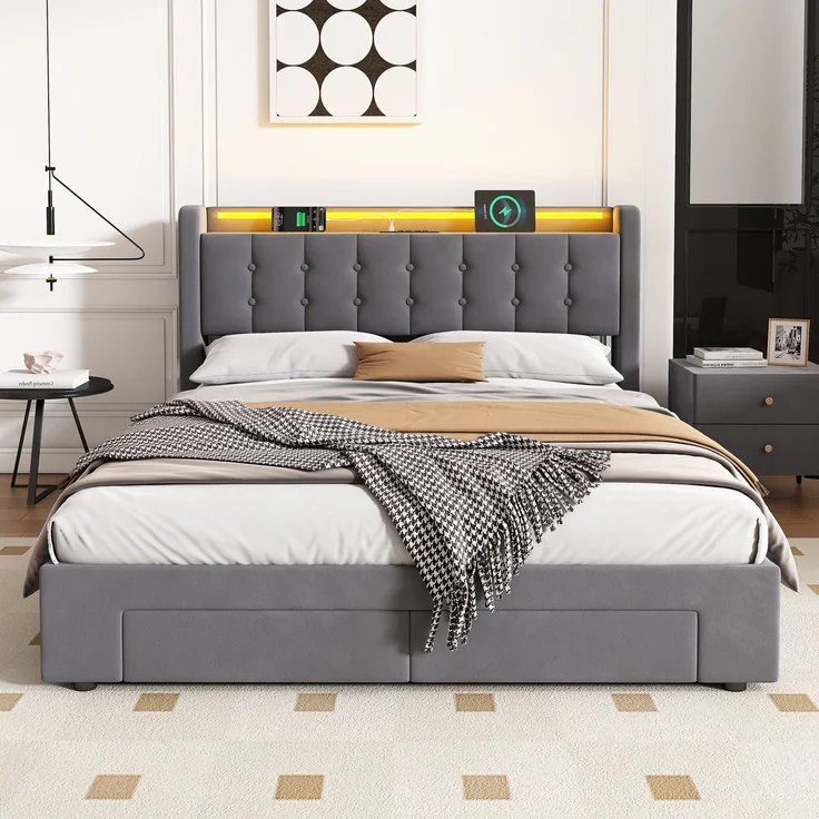 Polsterbett 140 x 190 cm, Samt, mit Bettkasten, Schubladen, USB-Anschluss und LED-Beleuchtung, Dunkelgrau – Bild 5