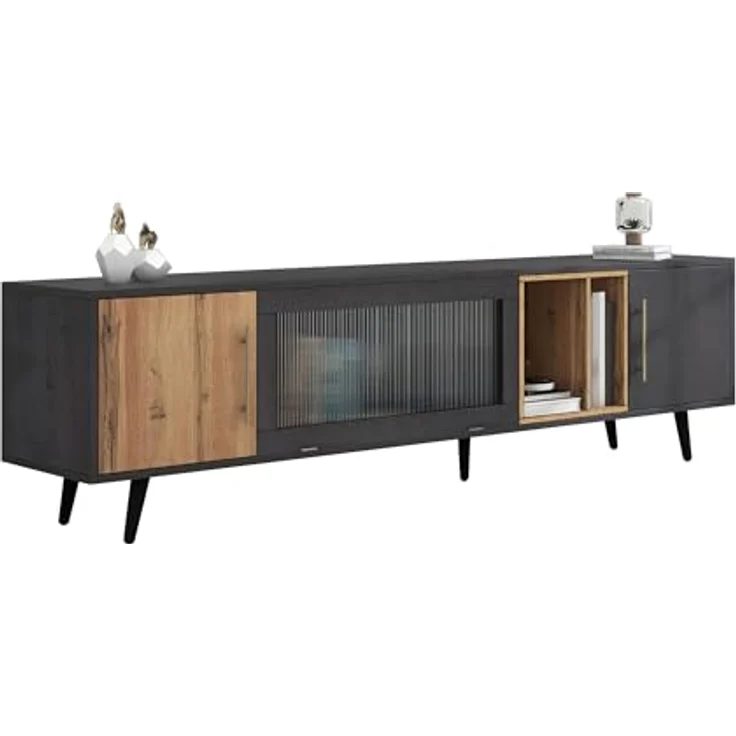 FurnitureR Elegant TV Cabinet,2 Türen + Aufbewahrung,200 x 40 x 55.5 cm,Dark Wood,Gray and Wood Grain,Suitable for 90-inch TV – Bild 6