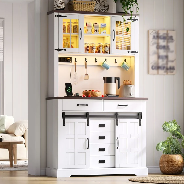Küchenschrank, Buffetschrank, Sideboard mit Steckdose und LED-Beleuchtung, Küchenmöbel mit Arbeitsplatte, 6 Schubladen, verstellbare Einlegeböden, Haken, 180 × 108 × 40 cm, Weiß – Bild 9