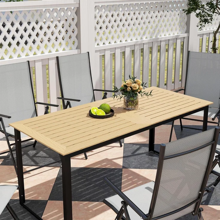 Outsunny Gartentisch mit Holzoptik, Lamellendesign, für 6 Personen (Buffettisch aus Metall, 1-St, wetterfest Balkontisch), 175x78 cm, für Garten, Terrasse Balkon Schwarz – Bild 9