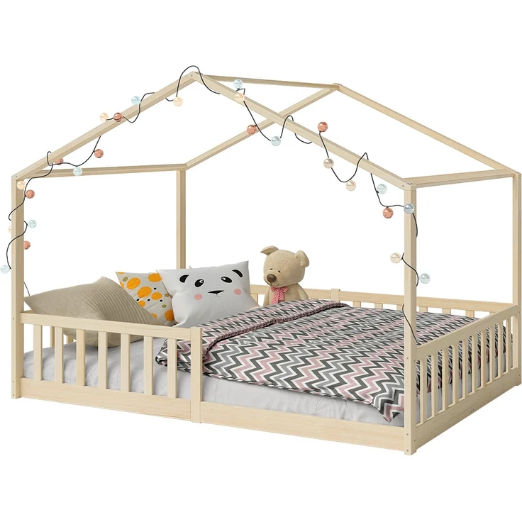 Bellabino 'Bia' Hausbett 140x200 cm, natur, Kiefer Massivholz, Bodenbett in Hausoptik, Montessori Kinderbett mit Rausfallschutz und Lattenrost – Bild 12