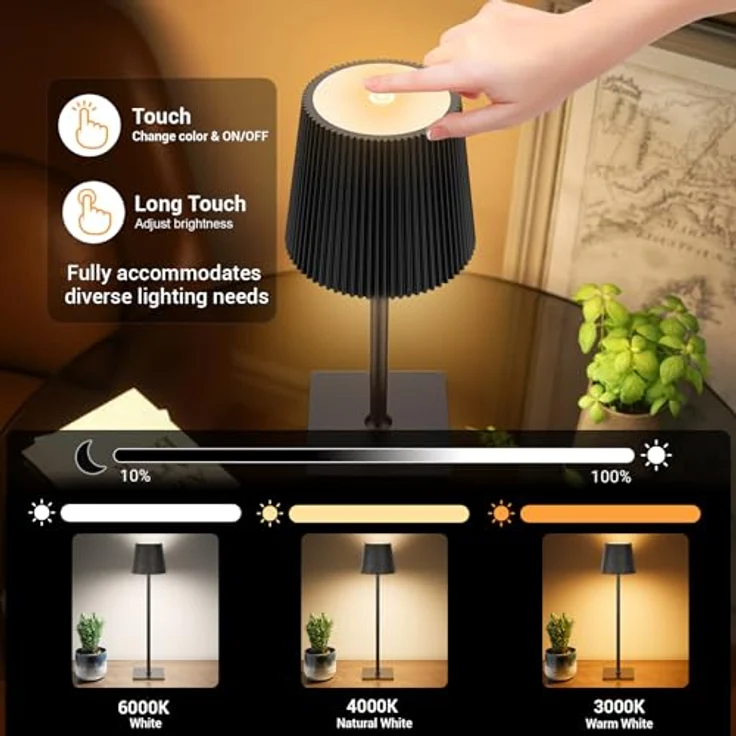YICAIZI LED Tischlampe Kabellos Akku Tischlampen mit Flaschenverschluss Stufenlos Dimmbar Aufladbar Tischleuchte mit 3 Farbtemperatur für Outdoor, Wohnzimmer, Schlafzimmer, Nachttisch, Kohlenschwarz – Bild 3