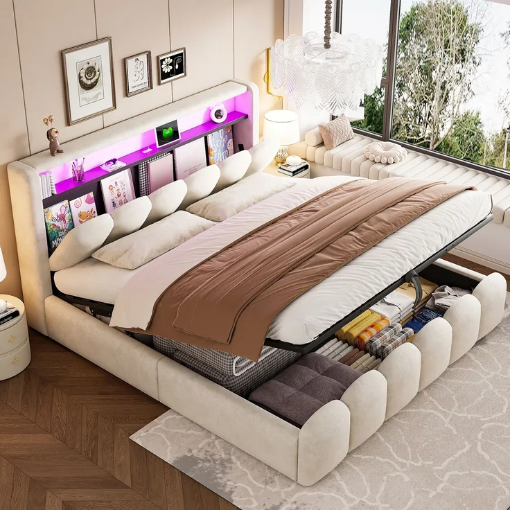 Polsterbett 180*200, Ausgestattet mit hydraulischer Staufunktionund Stauraum im Kopfteil, Doppelbett, Samtstoff,mit USB- und Typ-C-Anschlüssen, mit LED, weichem Samtstoff und Blütenblattdesign,Beige (