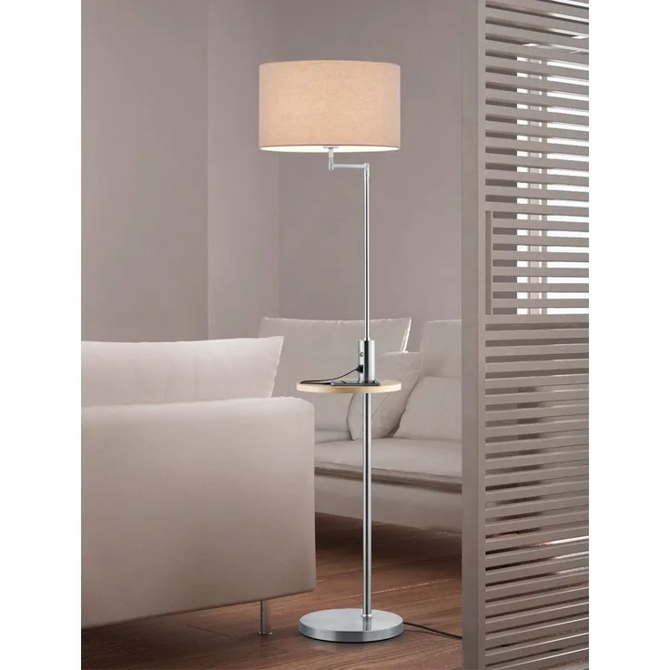 Stehleuchte CLAAS Stoffschirm, Holz Ablagetisch & USB Ladefunktion, 160cm