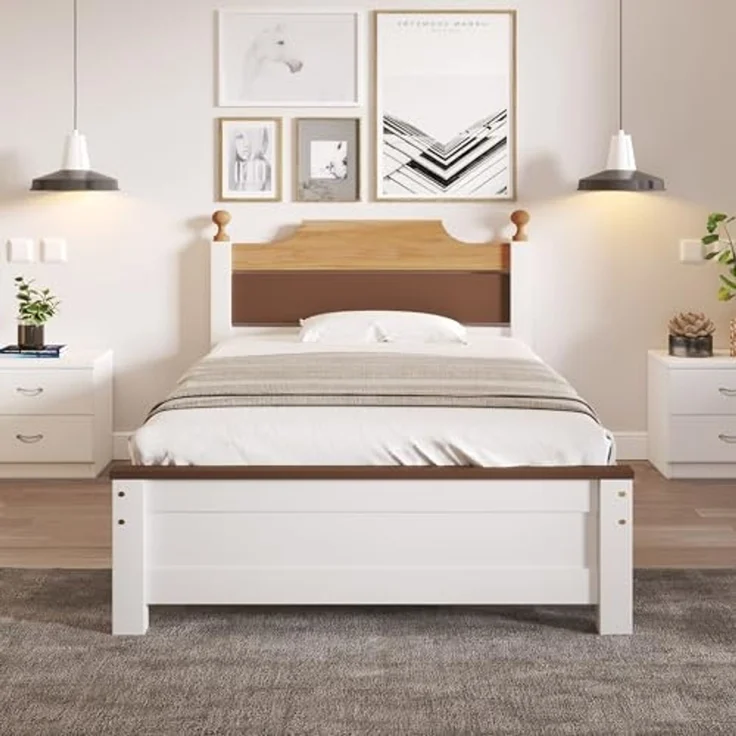 Ball & Cast Massivholzbett (90x200 cm) mit Farblich Abgesetztem Kopfteil, Holzbett mit Lattenrost, ohne Matratzen, EStabil & Rauschlos, Weiß – Bild 3