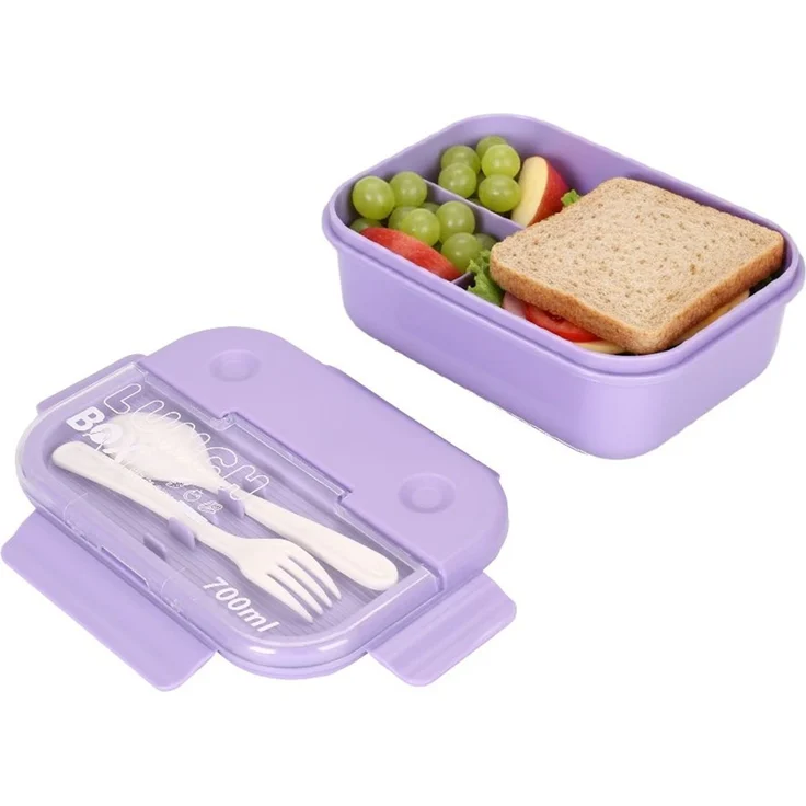 Lunchbox mit Besteck 700 ml – Brotdose mit 3 Fächern für Schule & Büro, Lila – Bild 4