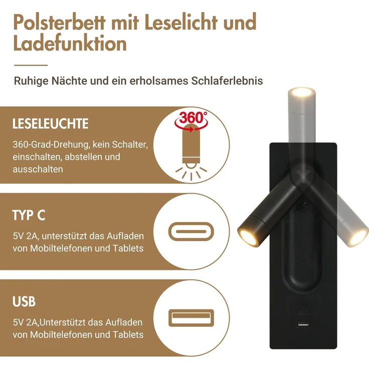 Bettanlage 180x200 cm mit 2 Nachttischen, 4 Schubladen, Leselampen und USB-/Type-C-Ladestation – Beige – Bild 7