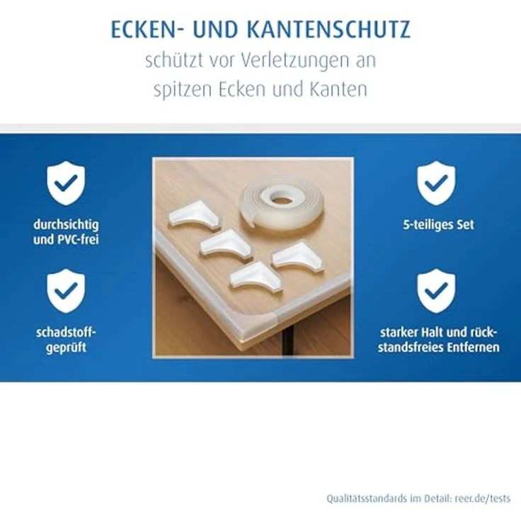 reer Vorteilspack Ecken- & Kantenschutz | Rundumset für Kindersicherheit | Eckenschutz und Kantenschutz für Möbel | Einfache Klebemontage, flexibel zuschneidbar | Transparentes, PVC-freies Material – Bild 4