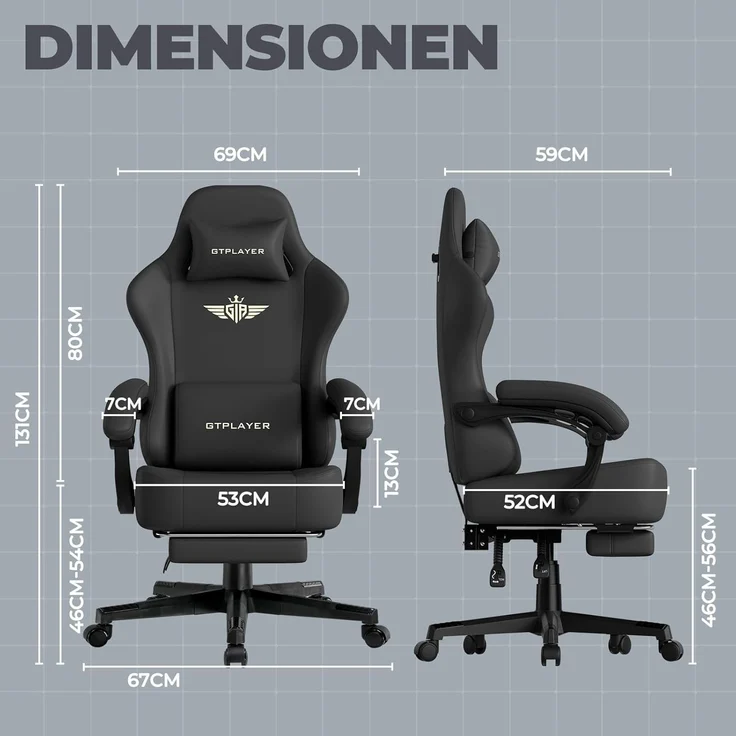 GTPLAYER Gaming-Stuhl Atmungsaktiver Bürostuhl, ergonomisch Hochwertiger - Stoff/Kunstleder, 160° Verstellbare Rückenlehne und ausziehbare Fußstütze – Bild 5