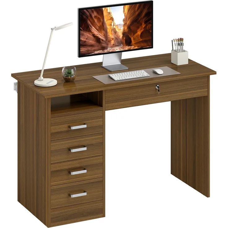 Schreibtisch mit 5 Schubladen, 110 x 50 cm, Schreibtisch mit Stauraum, offenes Regal, abschließbare Schublade, Nussbaum