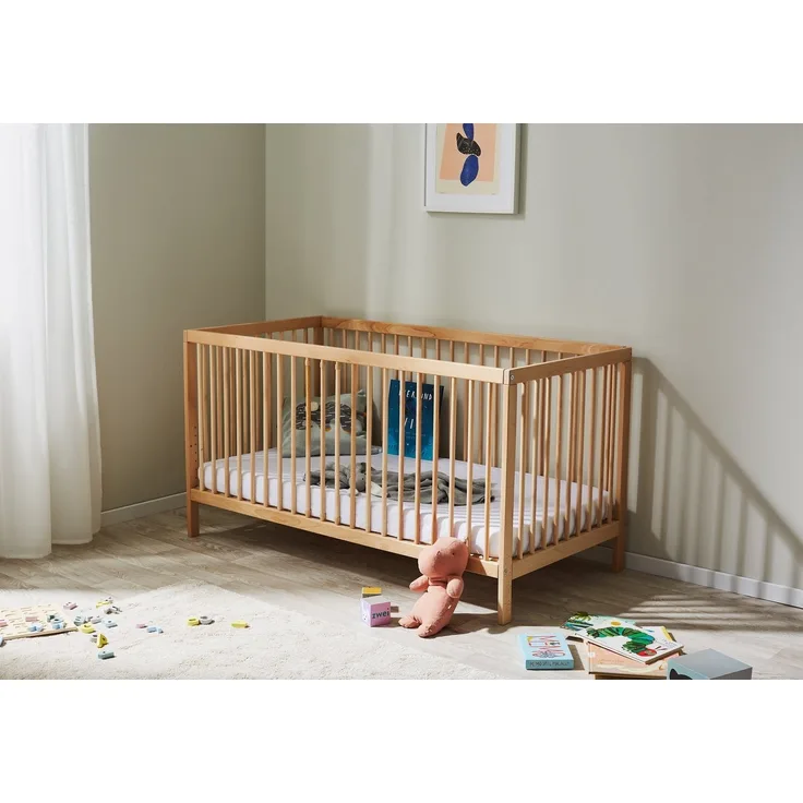 Kids Collective Babybett Kinderbett Gitterbett 60x120 höhenverstellbar & herausnehmbare Sprossen, mit Matratze | Buchenholz Natur sehr stabil Made in Europe