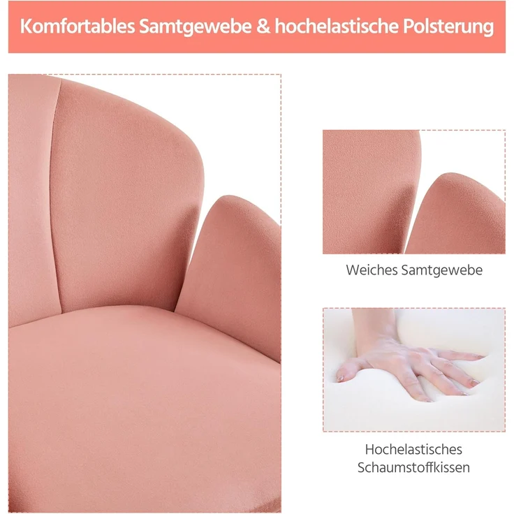 Yaheetech Homeoffice Stuhl Schminkstuhl Schreibtischstuhl höhenverstellbar Drehstuhl bis 136 kg Belastbar, SamtStuhl mit Armlehnen und Rückenlehne für Schlafzimmer Büro Wohnzimmer, Hellrosa – Bild 7