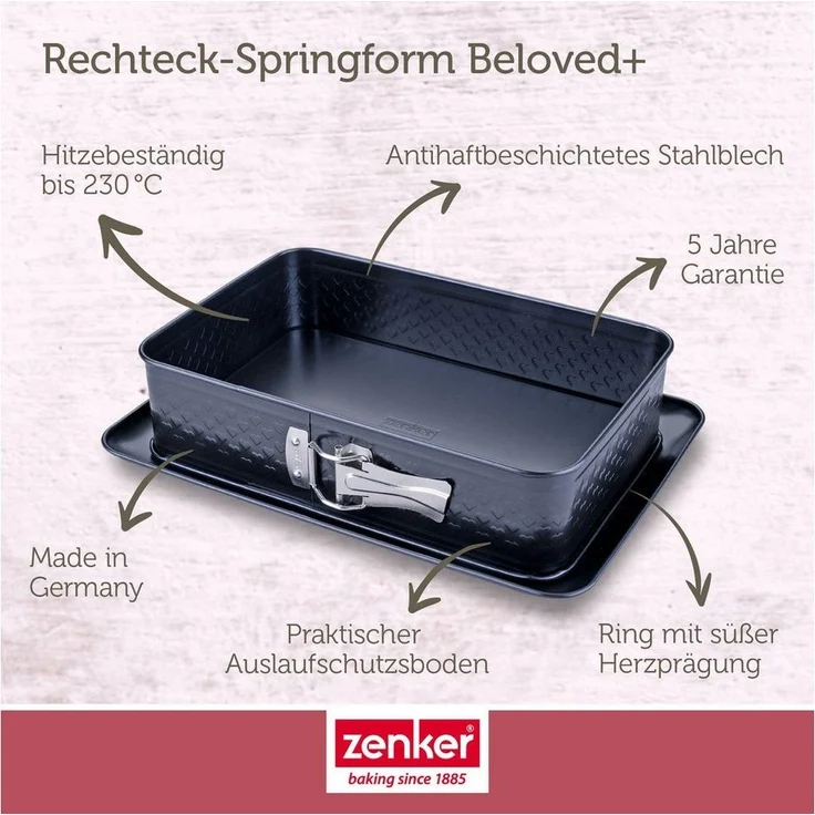 Zenker Rechteck-Springform 28x18 cm – Ideal für Valentins- & Muttertag, mit einzigartiger Herz-Prägung, PFAS-frei, Made in Germany – Bild 2