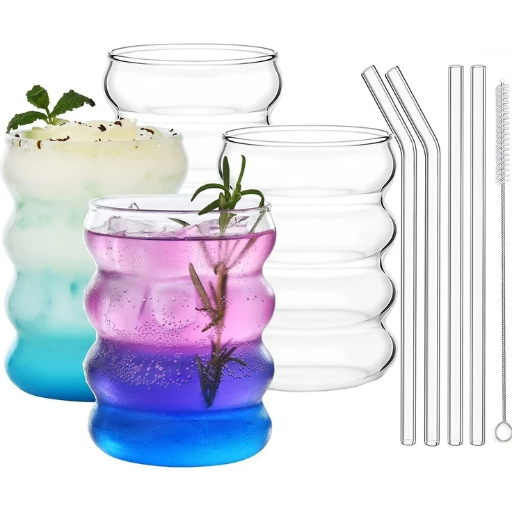 ALINK Gerippte Trinkgläser mit Glasstrohhalmen 4er Set 350ml Eiskaffeegläser – Bild 1