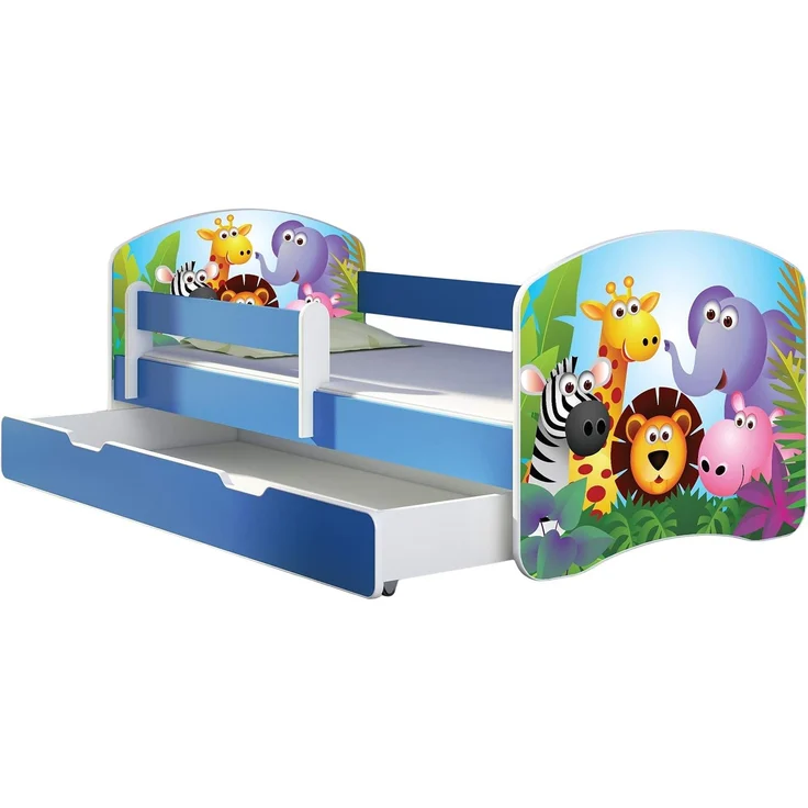 ACMA Kinderbett Jugendbett mit Einer Schublade und Matratze Blau mit Rausfallschutz Lattenrost II 140x70 160x80 180x80 (01 Zoo, 160x80 + Bettkasten) – Bild 1
