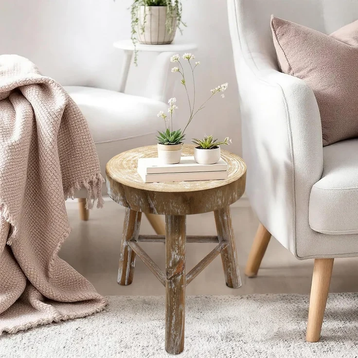 Spetebo Blumenhocker Holz mit 3 Beinen white washed - Ø 35 cm (Stück, 1 St, 1), Massivholz – Bild 7