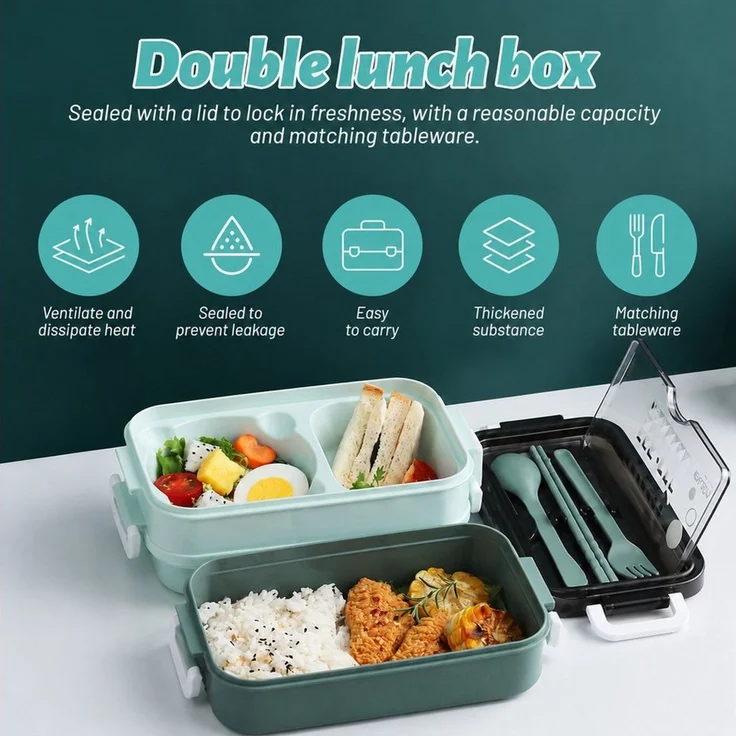 Diwzbyn Lunchbox Lunchbox 1400ml, 2-stufig, Mit Fächern & Besteck, Mit Gabel, Löffel & Essstäbchen, mikrowellengeeignet – Bild 2
