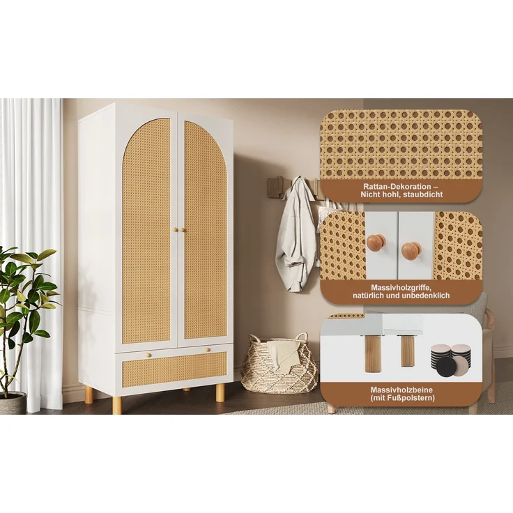 Landhaus Kleiderschrank Weiß Mit Rattan 180x85x52 cm Garderobenschrank Mit Höhenverstellbaren Regalen Und Schublade Hängebereich Landhausstil Wohnzimmerschrank Schlafzimmer Schrank – Bild 5