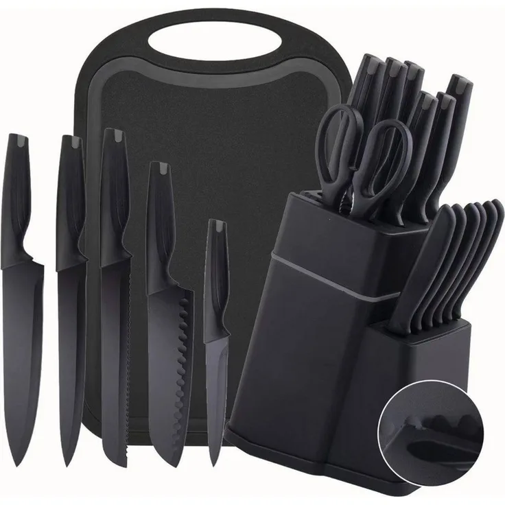 Vivitar Universalküchenmesser 15-teiliges schwarzes Küchenmesserset mit Schneidebrett & Messerblock, professionelles Edelstahl-Messerset mit scharfen Küchenmessern