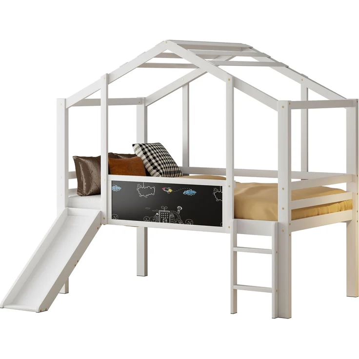 Kinder-Loftbett 90x200 cm mit Rutsche, Hausstil, Leiter & Blackboard,Massivholz Spielbett,Weiß – Bild 6