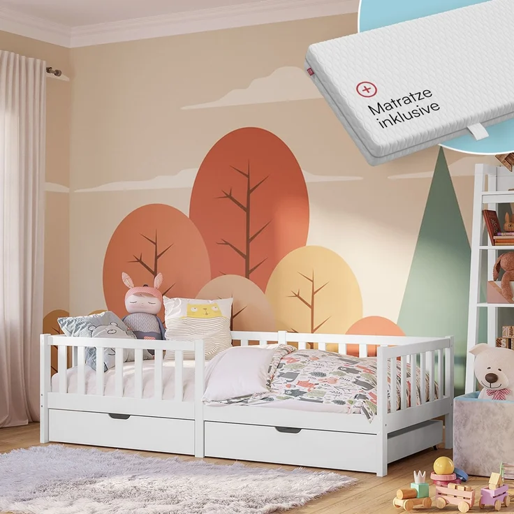 Bellabino 'Vere' Kinderbett 90x200 cm mit 2 Schubladen inkl. Matratze, weiß, Massivholz Kiefer, Jugendbett mit Rausfallschutz und Lattenrost – Bild 1