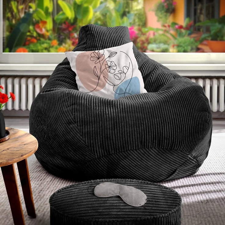 Green Bean® Sitzsack mit Hocker aus Cord - Sitzsäcke für das Wohnzimmer, Schlafzimmer, Sitzsack-Sessel für Erwachsene Schwarz – Bild 7