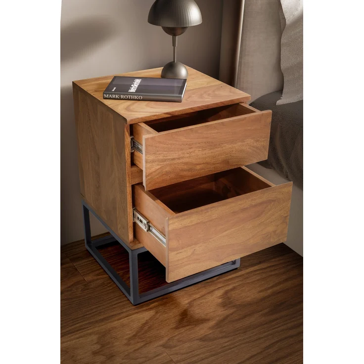 FineBuy Nachttisch Sheesham Massivholz mit Metallgestell und 2 Schubladen – Nachtkonsole im Industrial Design für Schlafzimmer – Nachtkästchen für Boxspringbett 40x38x60 cm – Bild 4