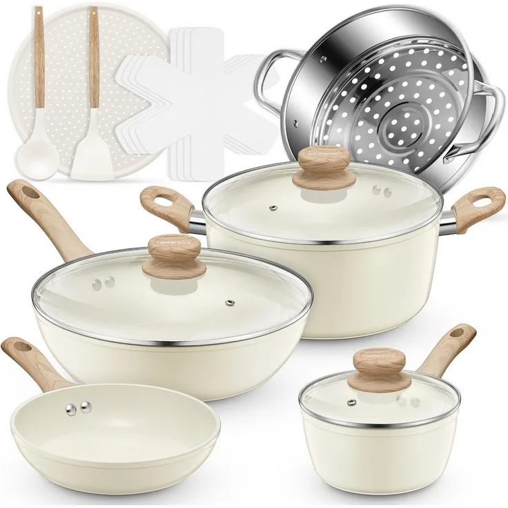 FOHERE Pfannen-Set 15-teiliges antihaftbeschichtetes Keramik-Topf- und Pfannenset, Aluminium (15-tlg), mit stapelbarem Aufbewahrungsdesign, 4 Pfannenschutze