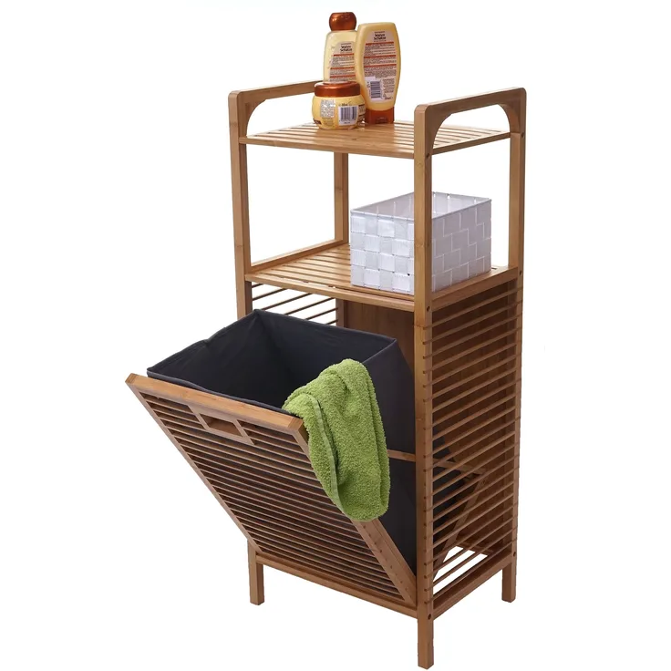 Regal mit Wäschekorb HWC-B94, Wäschebox Wäschesammler Wäschebehälter Standregal Aufbewahrung, Bambus 95x40x30cm 28l