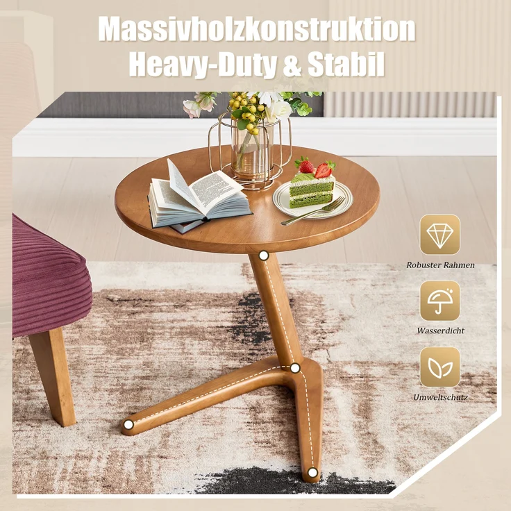 LVHOM Couchtisch rund, Beistelltisch aus Massivholz, Wohnzimmertisch Ø50 cm, Natur – Bild 5