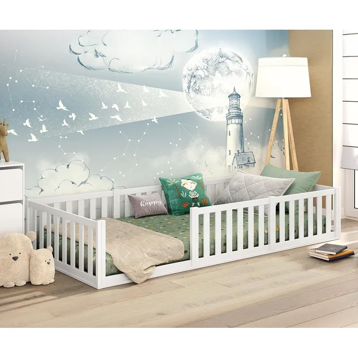 CADANI Teso Kinderbett 90x200 cm Montessori Bodenbett mit Rausfallschutz inkl. Lattenrost, Kiefer Massivholz, weiß - 3 Aufbauvarianten, bis 150 kg belastbar
