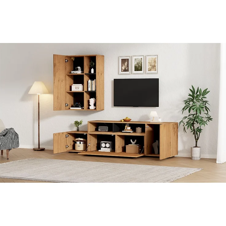 TV Wohnwand-set mit Vitrine (Komplett-Set, 2-St),Mediawand inkl. TV-Board -set und Standregal,TV Wohnzimmermöbel-Set,flexible Länge TV-Schrank bis 265 cm,stehend&hängend,TV bis 120',Holzfarbe+Schwarz--Eiche--100.69x62.23x15.75cm--YOUDENOVA – Bild 5