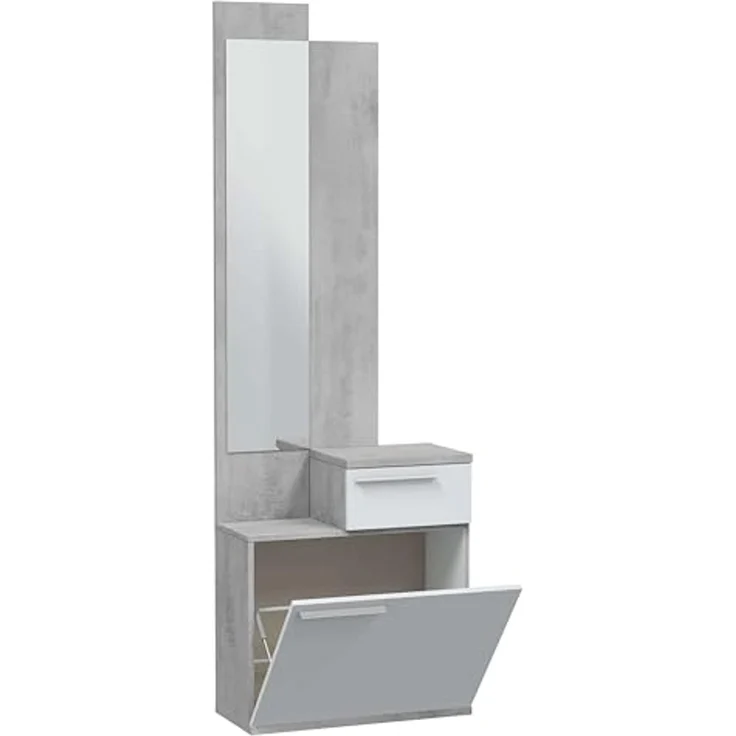 Habitdesign, Schuhschrank mit Spiegel, platzsparendes Garderobenmöbel in Zementgrau und Artik weiß für Flur oder Schlafzimmer, modernes Design, Maße: 61 x 185 x 28 cm (B x H x T), Modell Karen – Bild 3