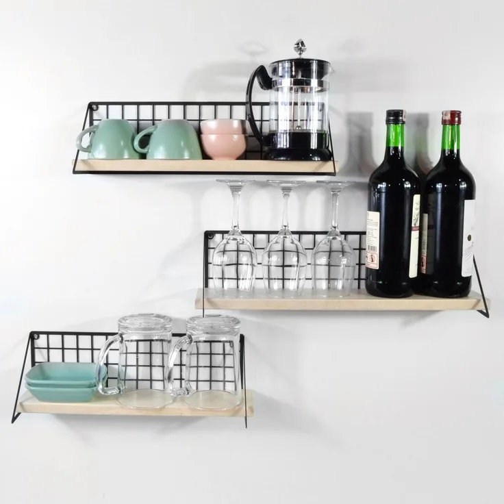 Skye Decor 'Wbask - 003 - Set' Metall-Küchenregal-Set (3-teilig), Schwarz / Natur, 44 x 12,5 x 12 cm