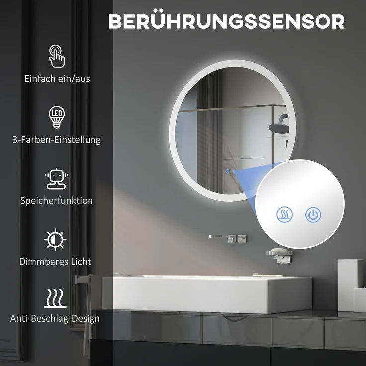 Kleankin Spiegel mit Beleuchtung, Touch-Schalter, Memory-Funktion (Wandspiegel, 1-St, Badezimmerspiegel), Anti-Beschlag, Ø60 x 3 cm – Bild 3